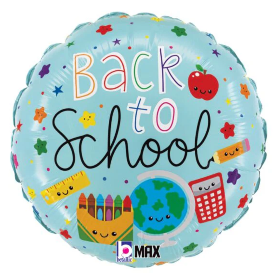 Round light blue foil balloon with colorful "Back to School" text and school-themed illustrations including an apple,.