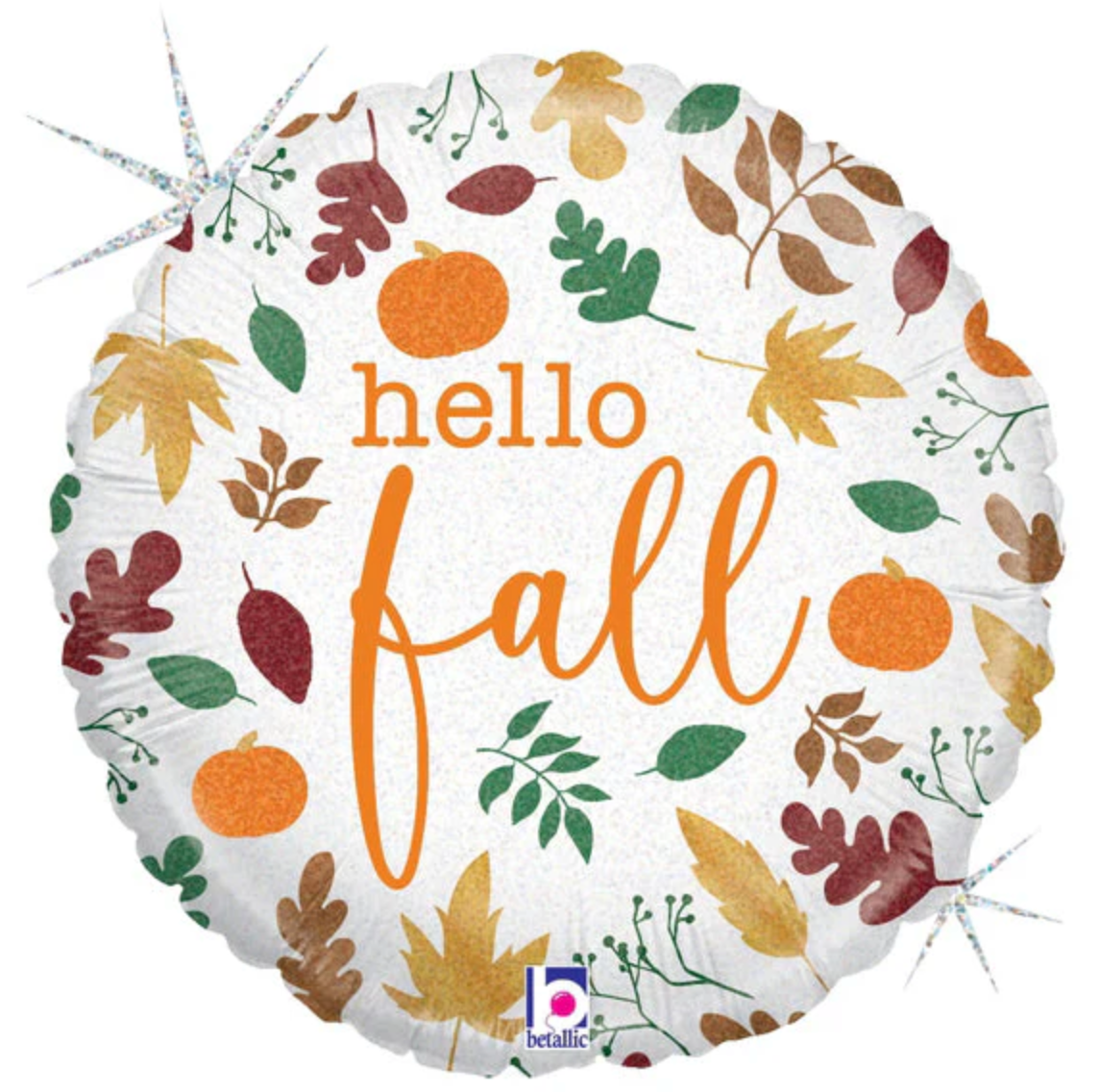 Round white foil balloon with orange "hello fall" text, decorated with colorful autumn leaves and pumpkins.