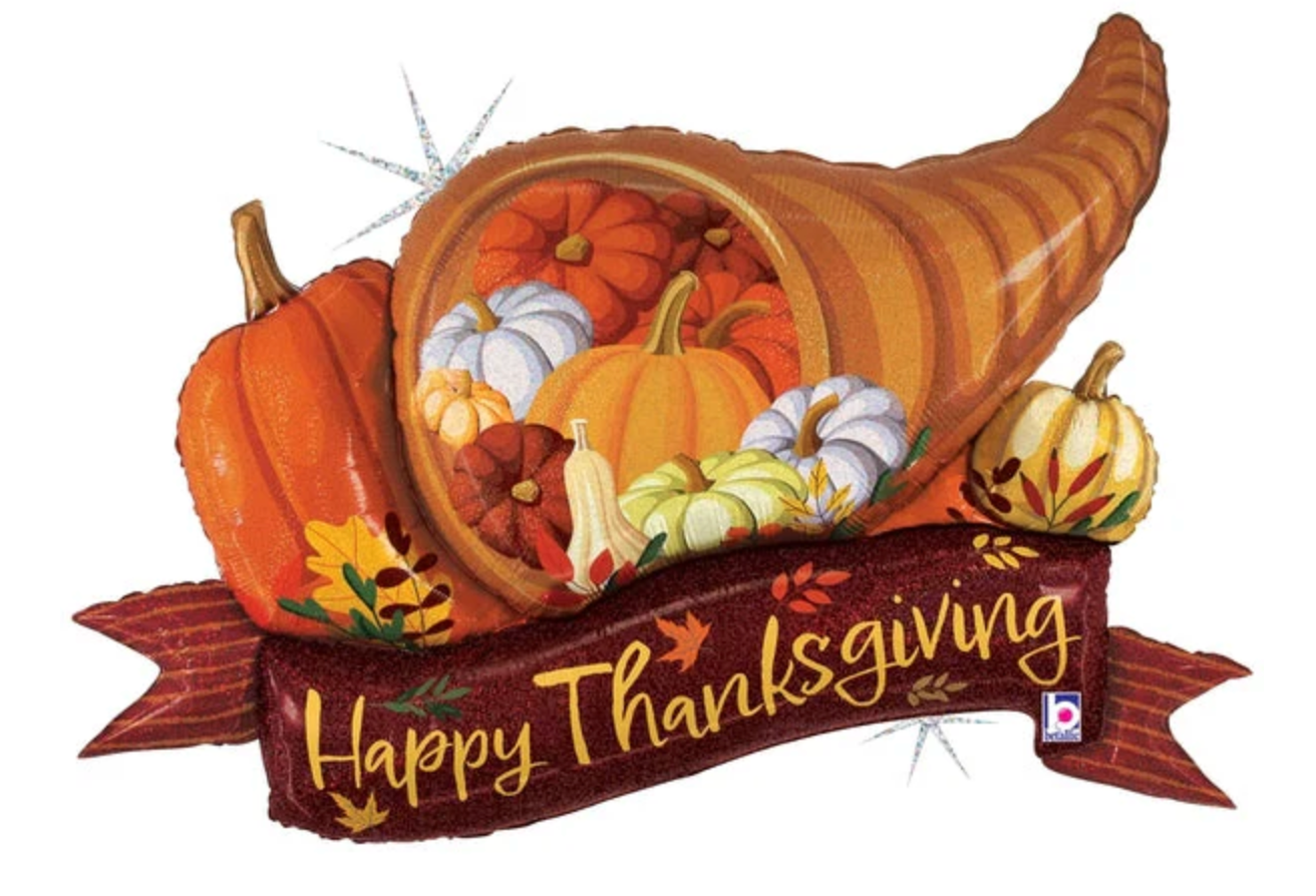 Holographic foil balloon shaped like a cornucopia overflowing with orange and white pumpkins, featuring a "Happy.
