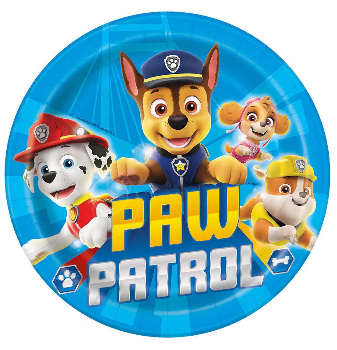 Blue round paper plate featuring Paw Patrol characters Chase, Marshall, Rubble, and Skye with "Paw Patrol" text in yellow.