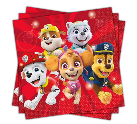 Red square paper napkins featuring five animated Paw Patrol puppies with a background pattern of paw prints and badges.