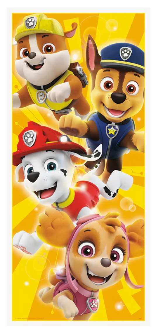 Bright yellow Paw Patrol door poster featuring Chase, Marshall, Rubble, and Skye in animated style.