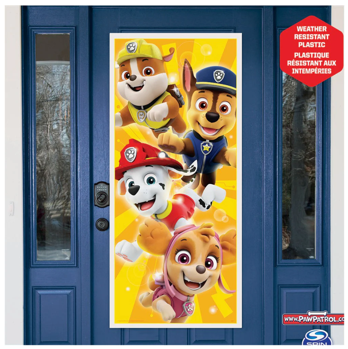 Bright yellow Paw Patrol door poster featuring characters Chase, Marshall, Rubble, and Skye, measuring 27x60 inches.