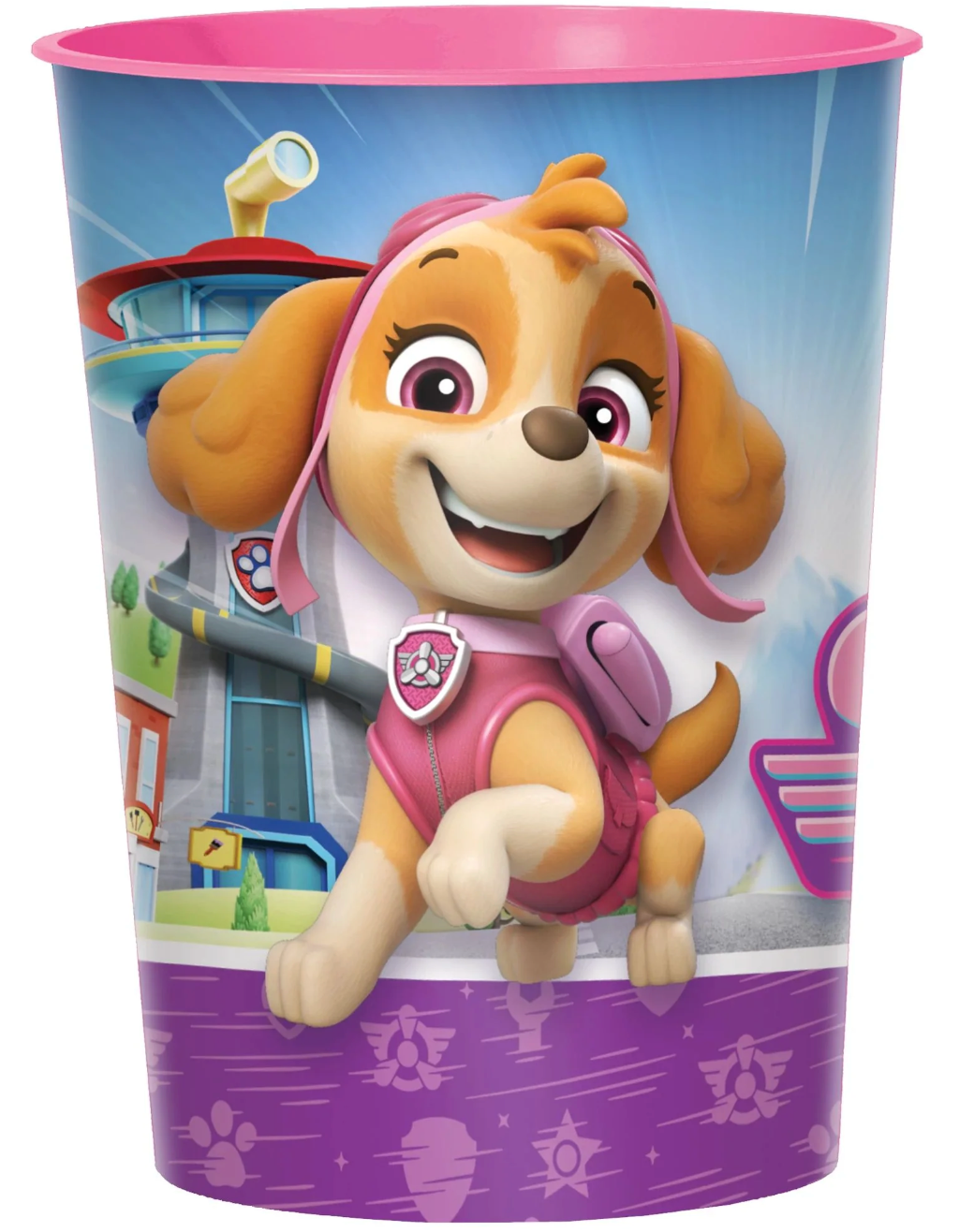 Pink and purple 16oz plastic favor cup featuring Paw Patrol character Skye in pilot gear smiling.