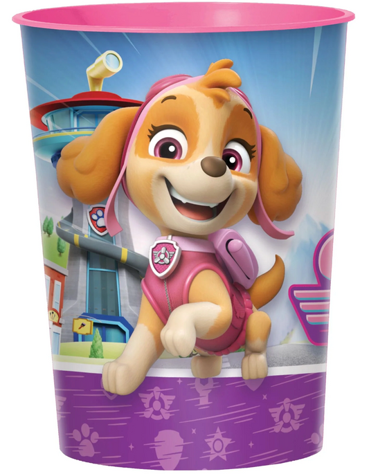 Pink and purple 16oz plastic favor cup featuring Paw Patrol character Skye in pilot gear smiling.
