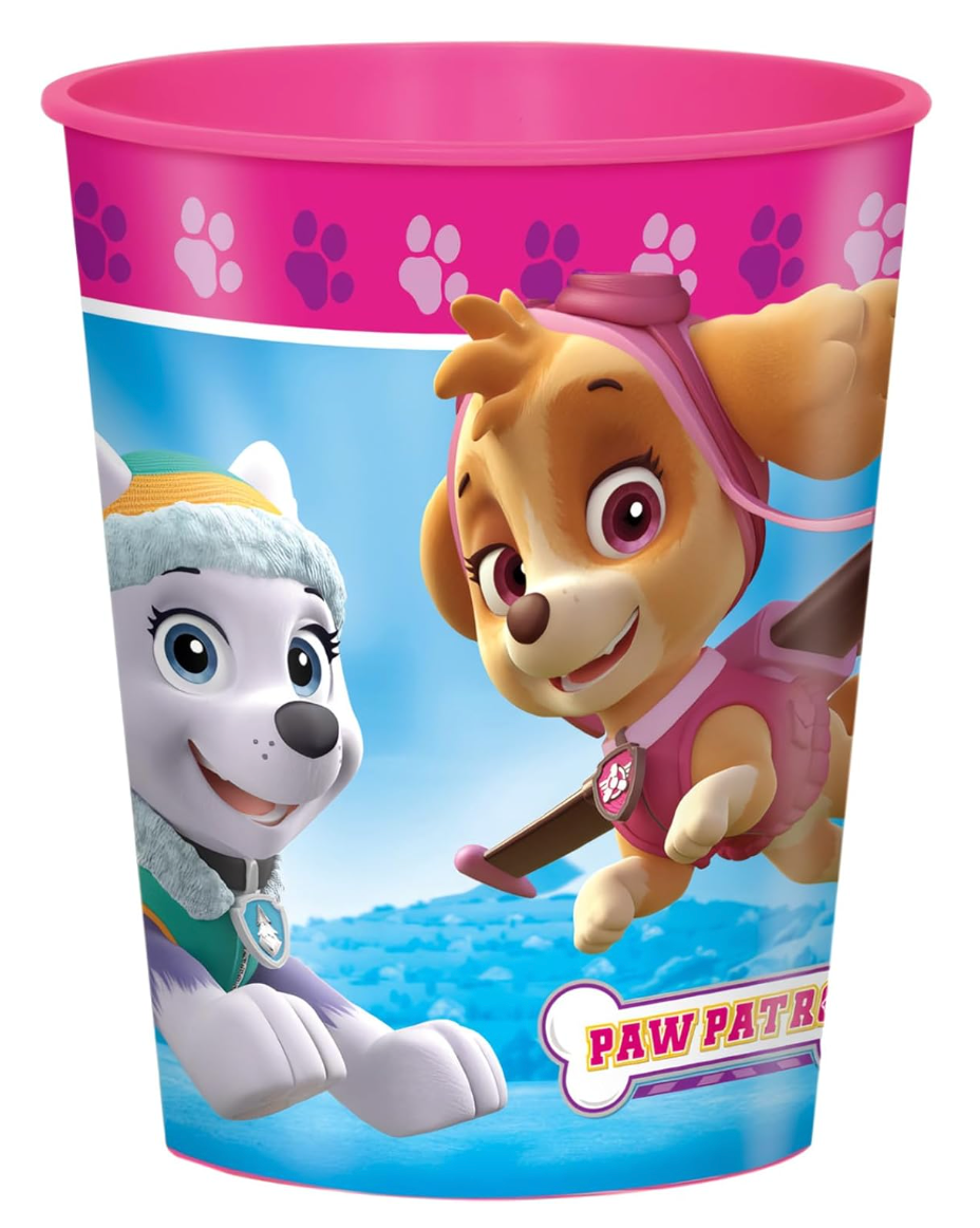 Pink plastic 16oz cup with Paw Patrol characters and paw prints around top rim.