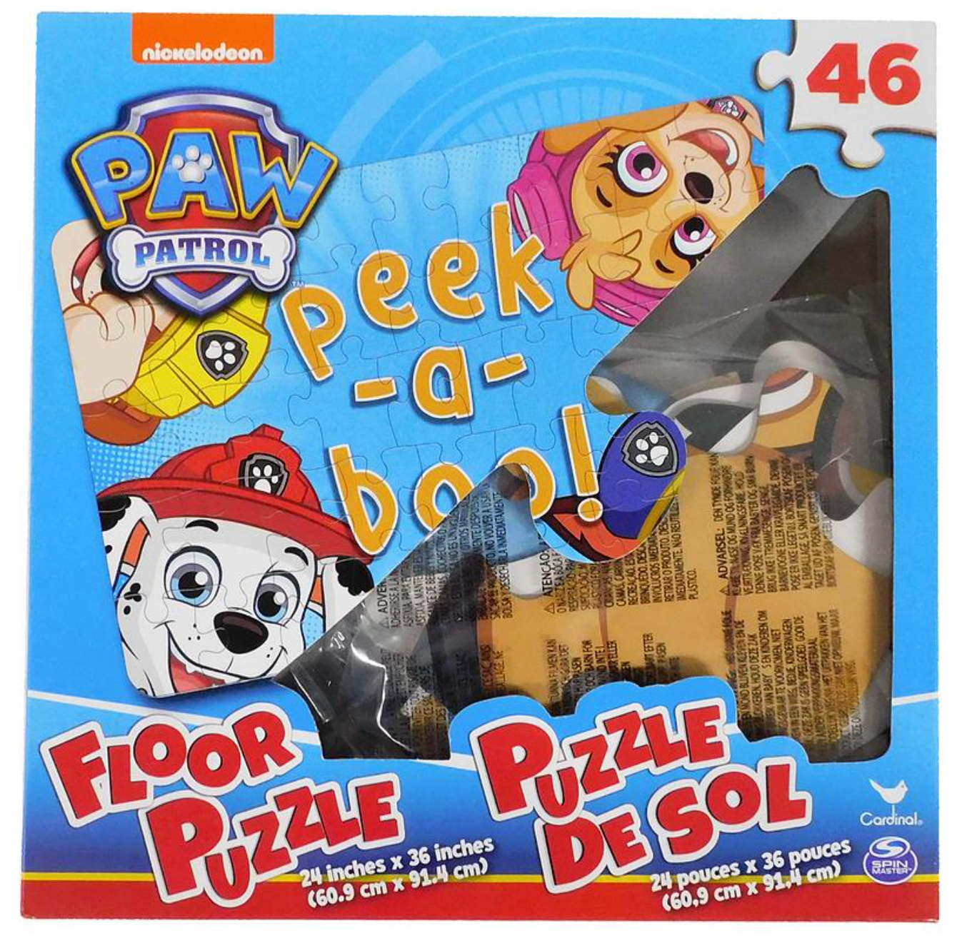 Colorful Paw Patrol 46-piece floor puzzle box with cartoon characters and window showing puzzle pieces.
