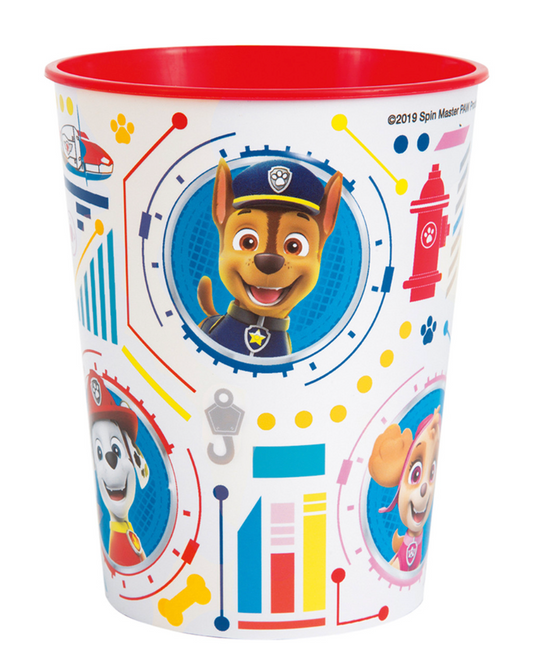 White 16oz cup with colorful Paw Patrol character faces and playful graphic icons.