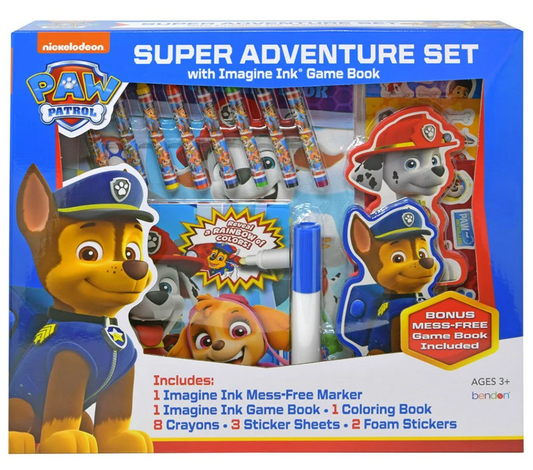 Paw Patrol Super Adventure Set featuring a blue-frame Imagine Ink marker, crayons, coloring book, stickers, and three.