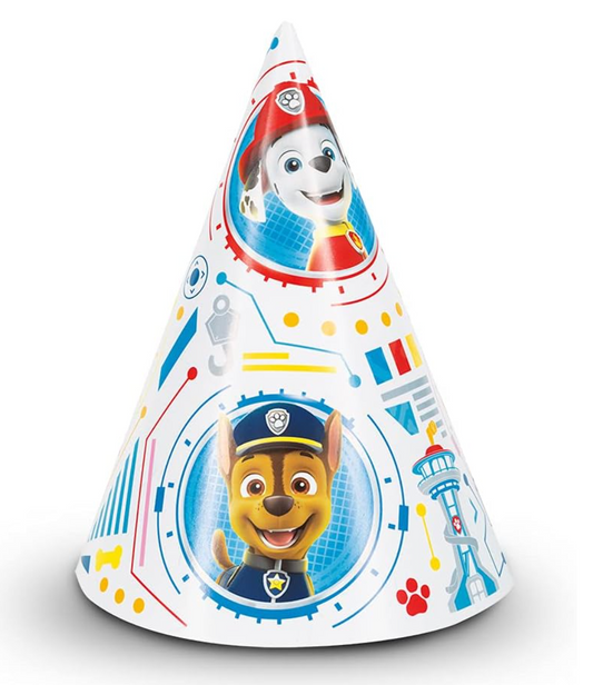 Colorful cone-shaped party hat featuring Paw Patrol characters Chase and Marshall with red, blue, and yellow graphic accents.