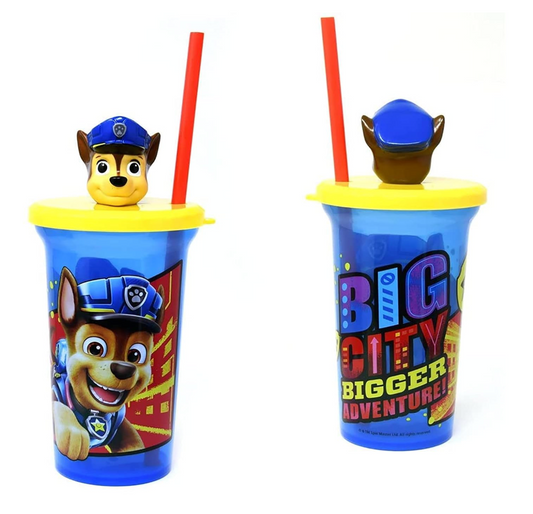 Blue plastic sippy cup with yellow lid, red straw, Chase character head on top, Paw Patrol "Big City Bigger Adventure".