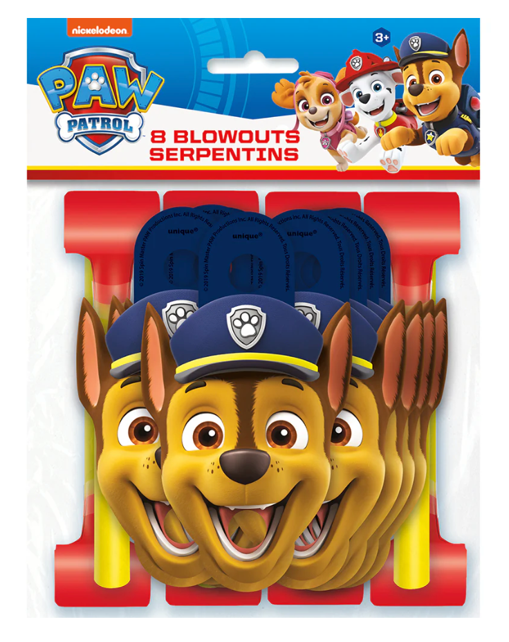 Pack of 8 Paw Patrol blowouts with red mouthpieces and Chase dog character faces on blue paper tops.