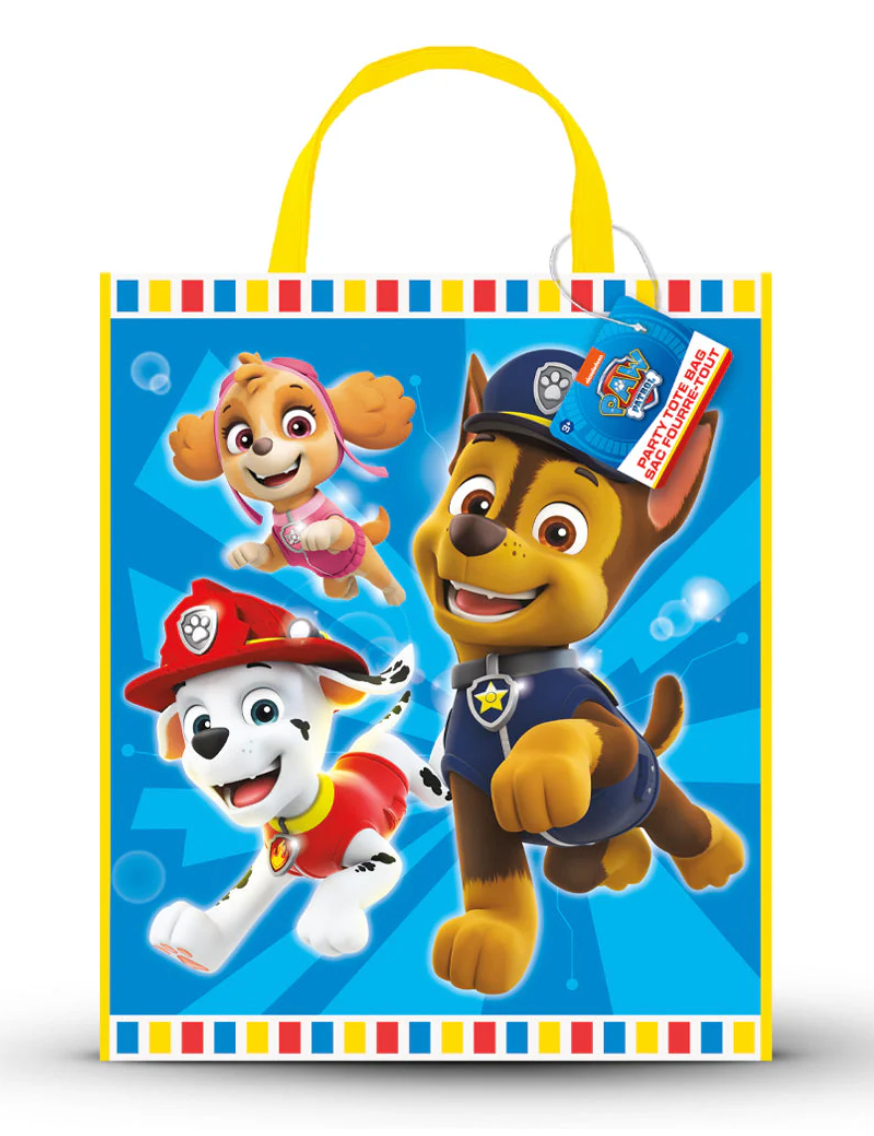 Blue Paw Patrol tote bag with yellow handles, featuring Chase, Marshall, and Skye cartoon characters and colorful striped.