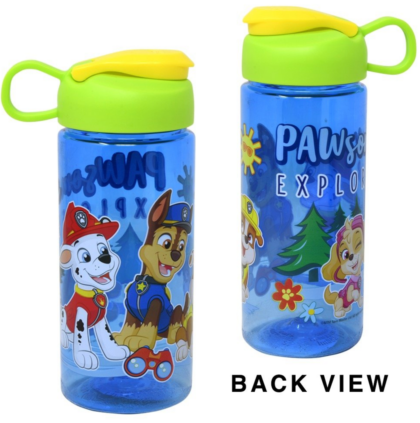 Blue plastic Paw Patrol water bottle with green lid, yellow flip-top spout, and loop handle.