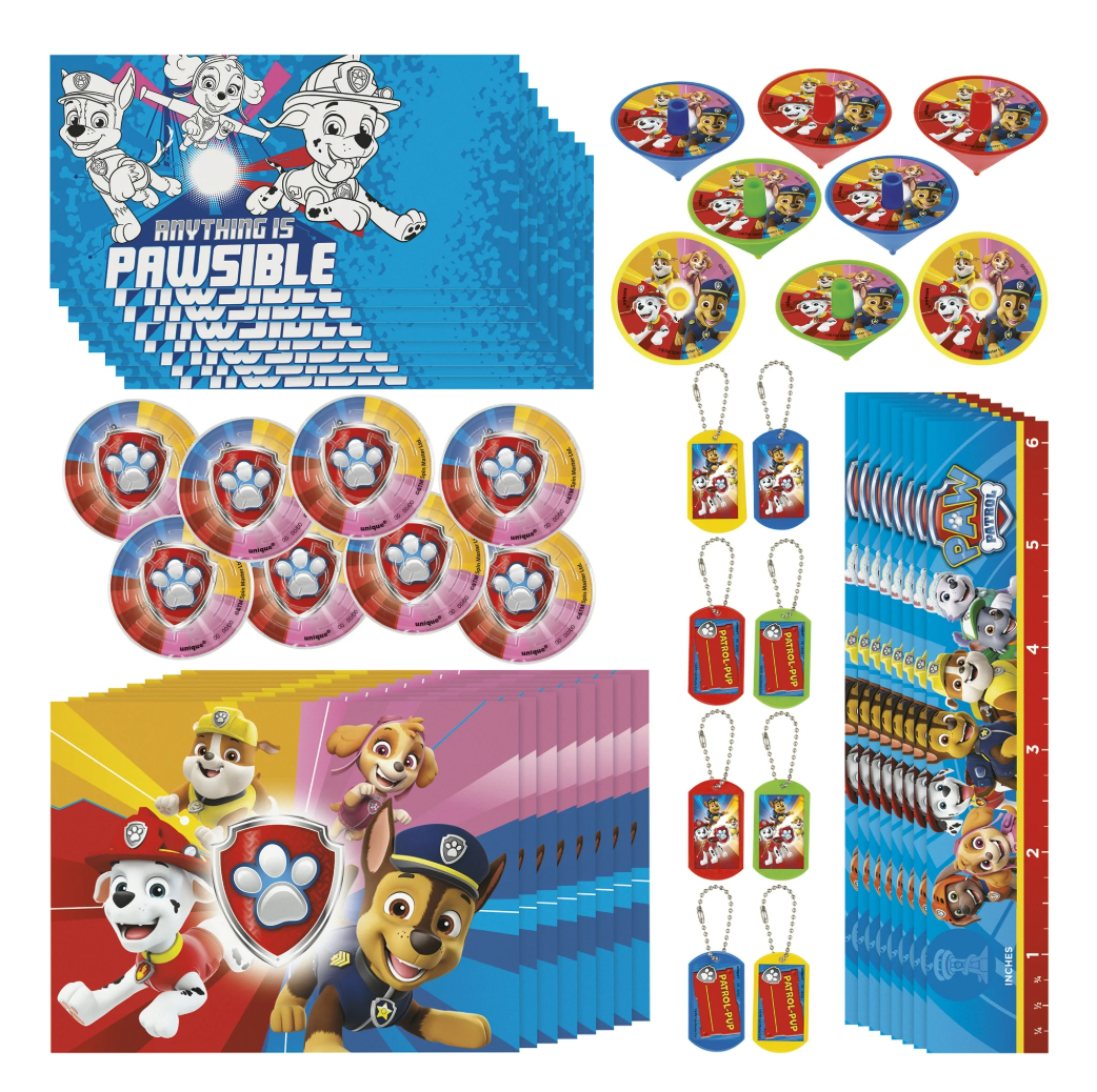 Paw Patrol favor pack with blue box, round paw print badges, dog tag keychains, and colorful themed invitation cards.