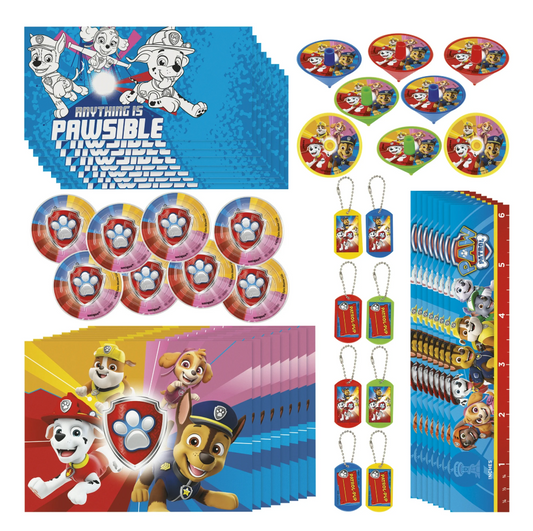 Paw Patrol favor pack with blue box, round paw print badges, dog tag keychains, and colorful themed invitation cards.