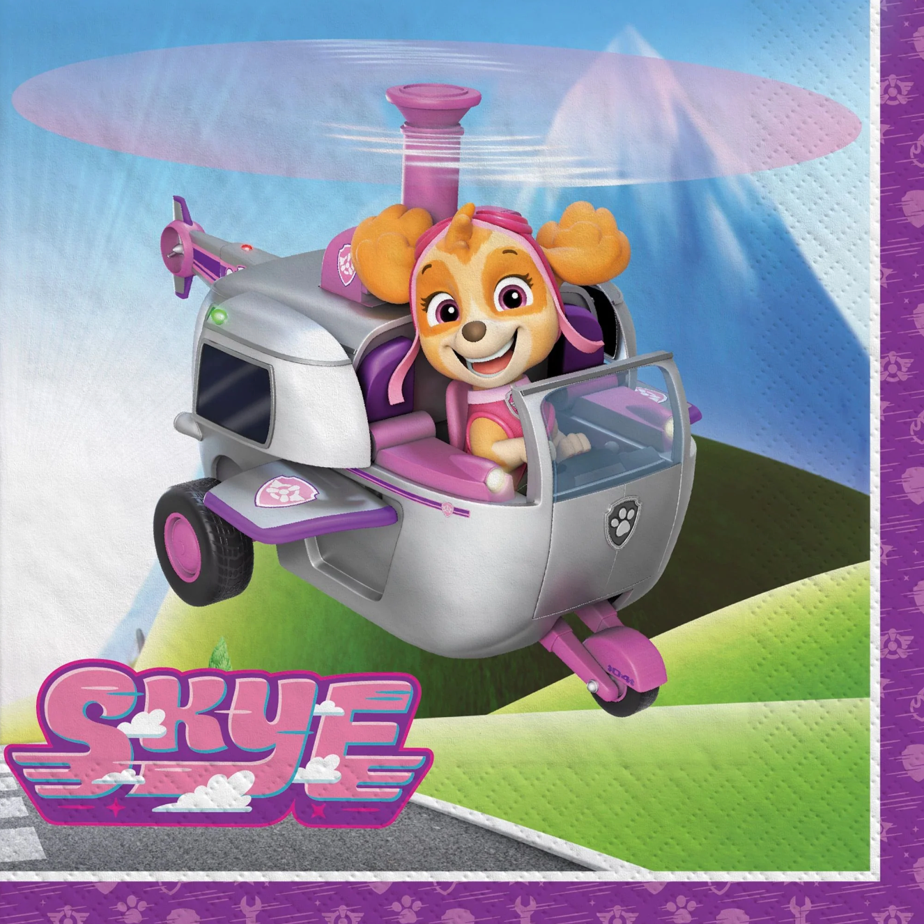 Pink and purple Paw Patrol Skye-themed lunch napkin with helicopter illustration and Skye character smiling.