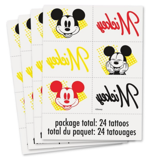 Four sheets of temporary Mickey Mouse tattoos featuring classic and modern Mickey faces in black, red, and yellow colors.
