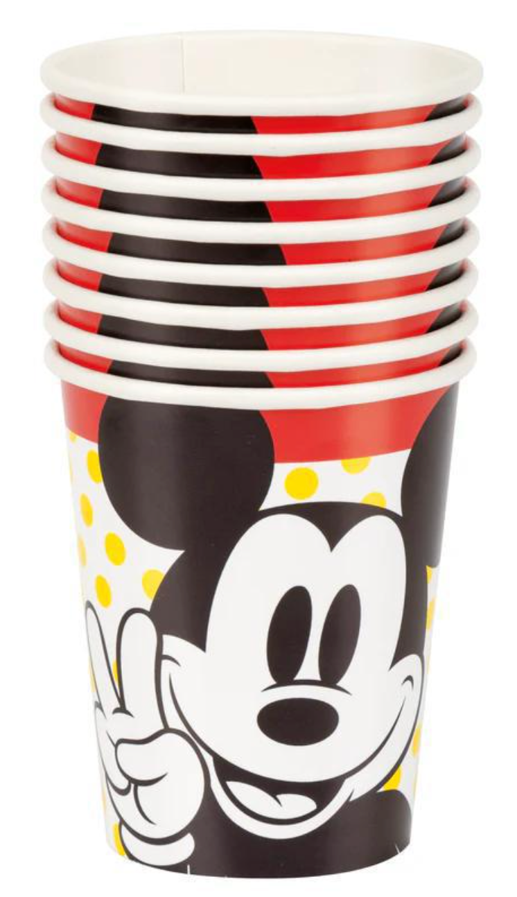Stack of eight white disposable cups featuring a large black and white Mickey Mouse face with red and yellow polka dot.