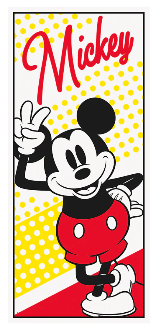 Vertical door poster featuring classic Mickey Mouse in red shorts and white gloves, with red "Mickey" text and yellow polka.