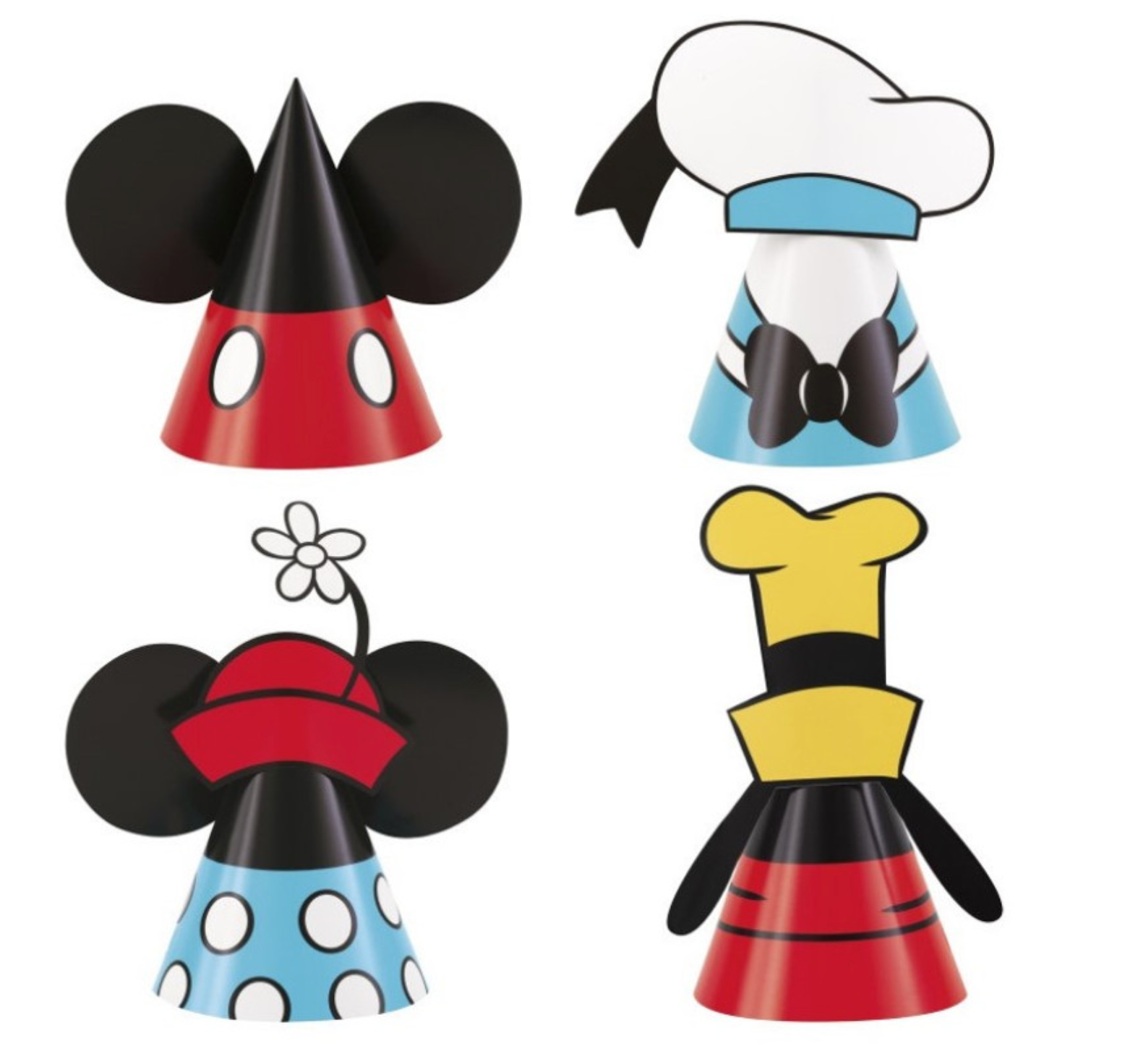 Set of four cone-shaped party hats featuring Mickey Mouse ears; designs include classic red with black ears and white.