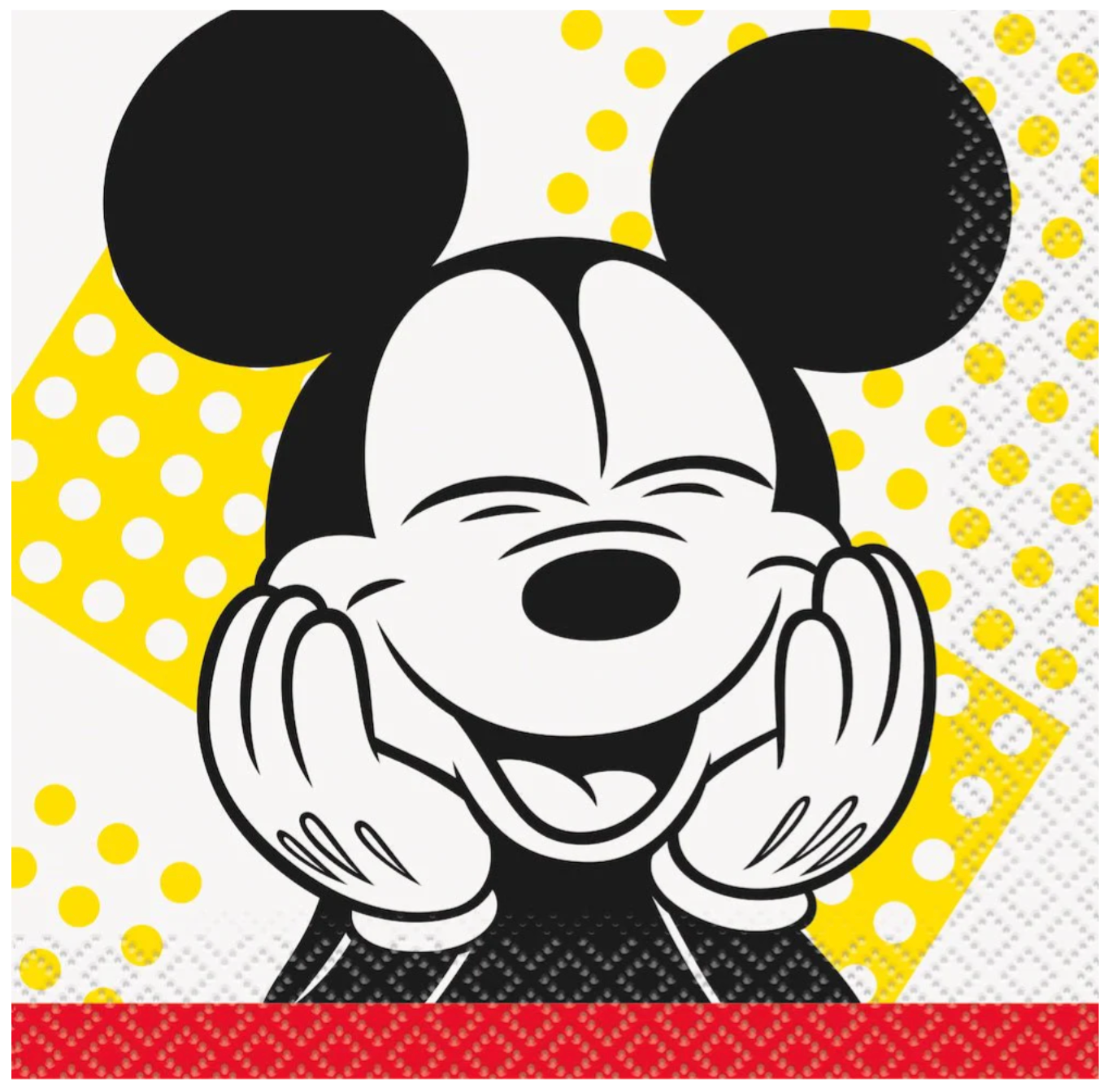 Small square napkin featuring a smiling black and white Mickey Mouse face with yellow polka dot background and red border.