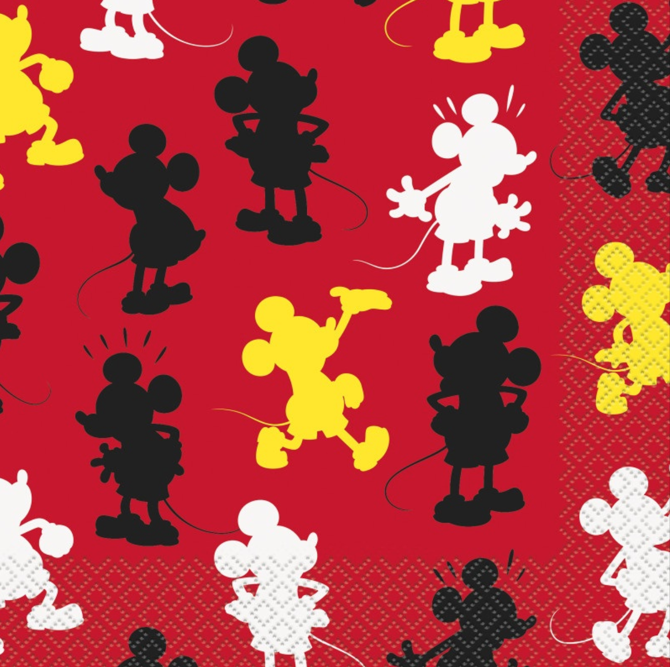 Red napkin with repeating silhouettes of Mickey Mouse in black, white, and yellow, featuring a textured border pattern.