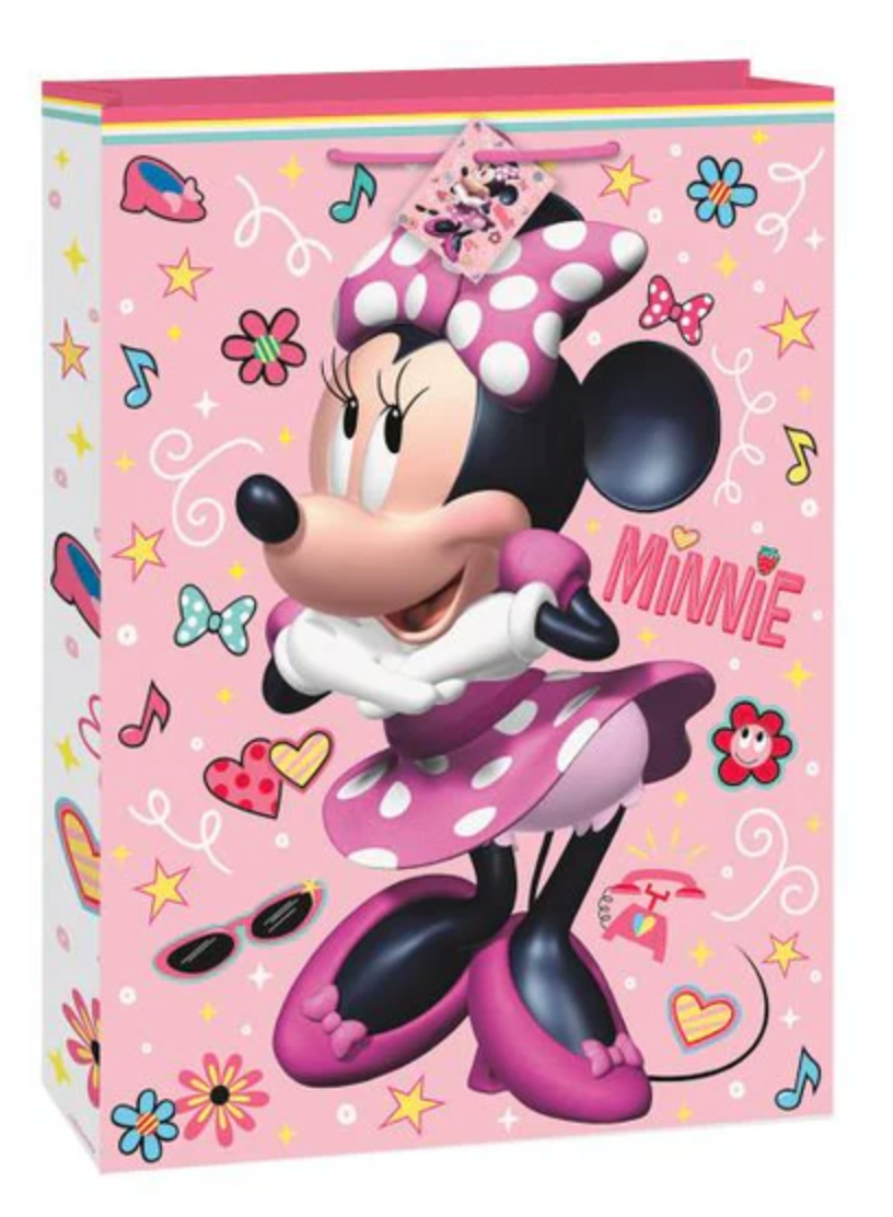 Pink Minnie Mouse jumbo gift bag with polka dot bow, dress, and musical-themed illustrations.