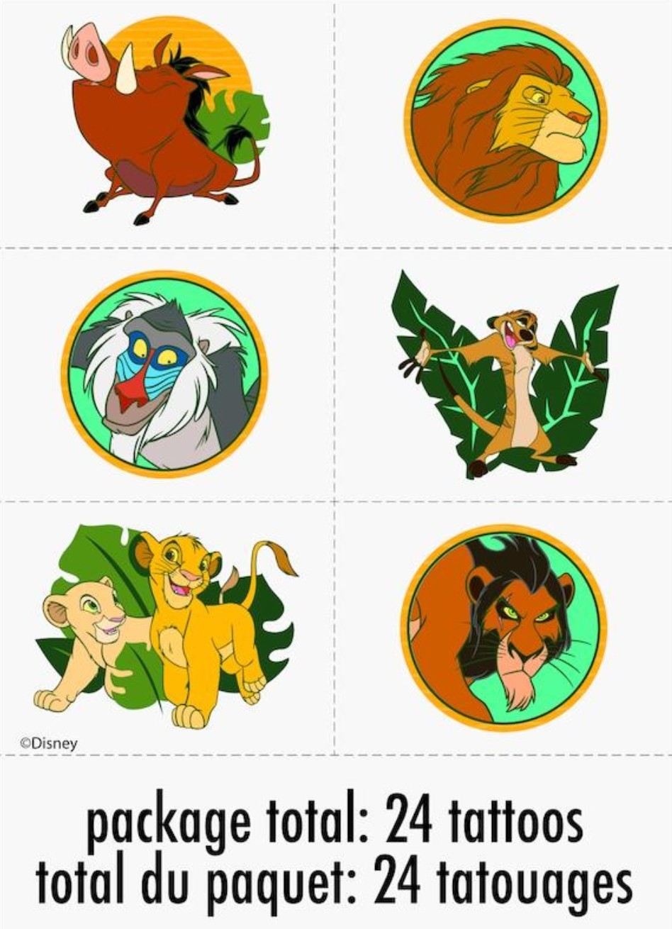 Set of six colorful Lion King temporary tattoos featuring Timon, Pumbaa, Simba, Rafiki, Mufasa, and Scar in circular and.