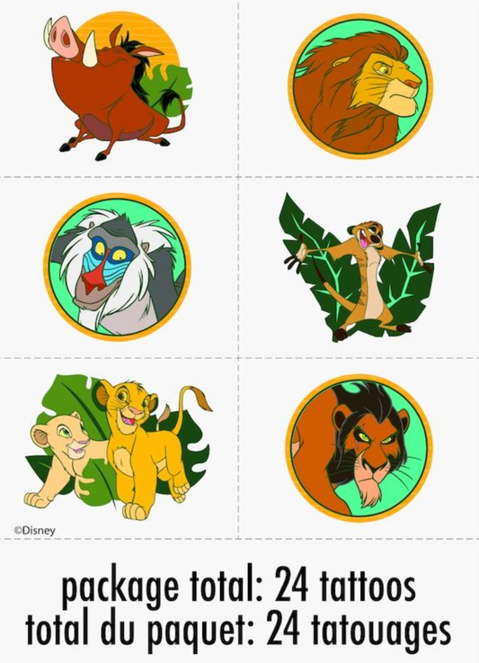 Set of six colorful Lion King temporary tattoos featuring Timon, Pumbaa, Simba, Rafiki, Mufasa, and Scar in circular and.