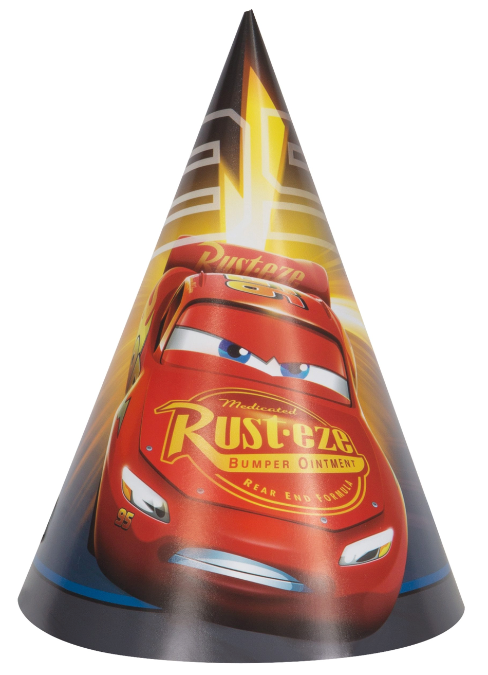 Cone-shaped party hat with a red race car graphic and yellow accents from Cars 3.