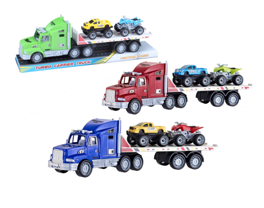 Set of three colorful toy car carriers in green, red, and blue, each with a matching flatbed trailer carrying two small cars.