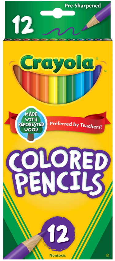 Yellow box of Crayola colored pencils with 12 pre-sharpened pencils visible, featuring bright rainbow colors and colorful.