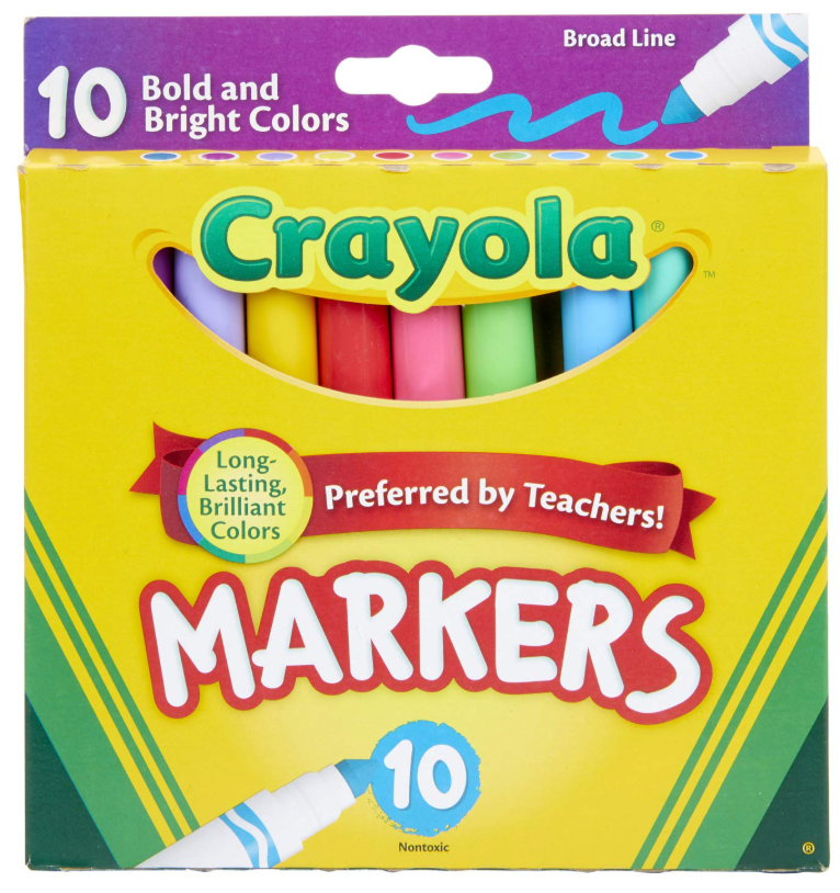 Box of 10 Crayola markers with visible colors blue, red, pink, orange, green, yellow in bright yellow packaging.