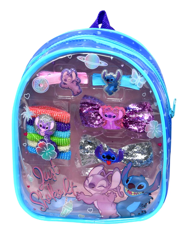Small translucent blue backpack with Stitch-themed hair accessories including colorful clips and glittery bows.