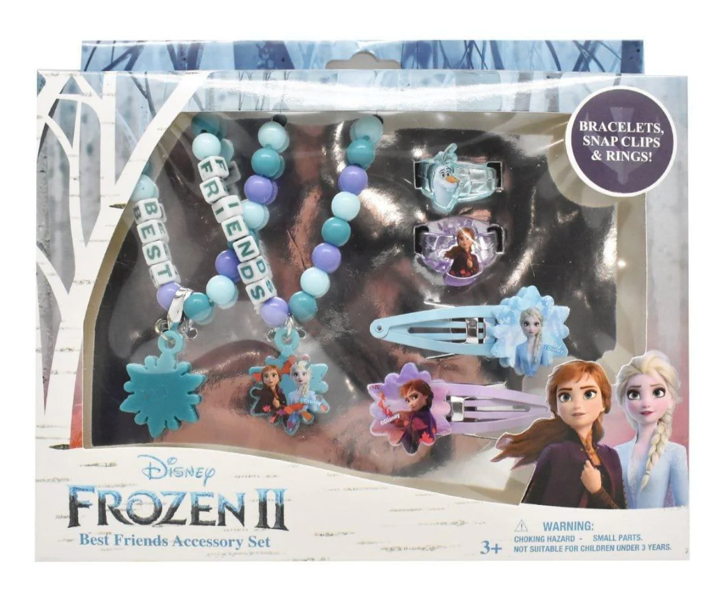 Frozen 2 accessory set with blue and purple beaded necklace, Elsa and Anna hair clips, blue charm bracelet, and themed rings