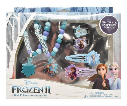 Frozen 2 accessory set with blue and purple beaded necklace, Elsa and Anna hair clips, blue charm bracelet, and themed rings