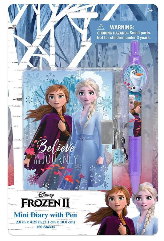 Frozen 2 mini diary with colorful cover featuring Anna and Elsa, includes matching pen with character designs, packaged on.