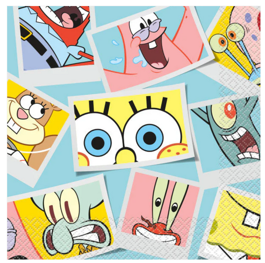 Colorful napkins featuring close-up faces of SpongeBob SquarePants characters on a light blue background.