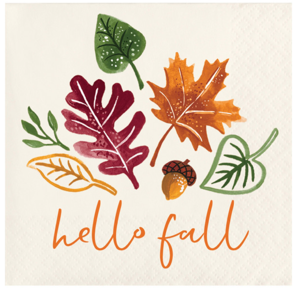 Off-white beverage napkin with colorful fall leaves, an acorn, and "hello fall" in orange script.