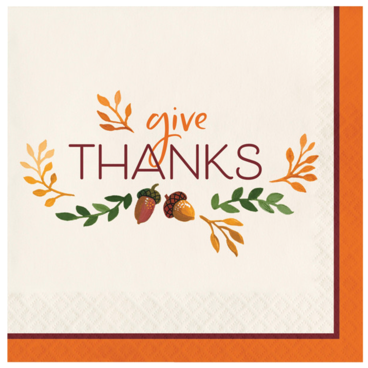 White luncheon napkins with orange and brown "give thanks" text, decorated with acorns and autumn leaves.