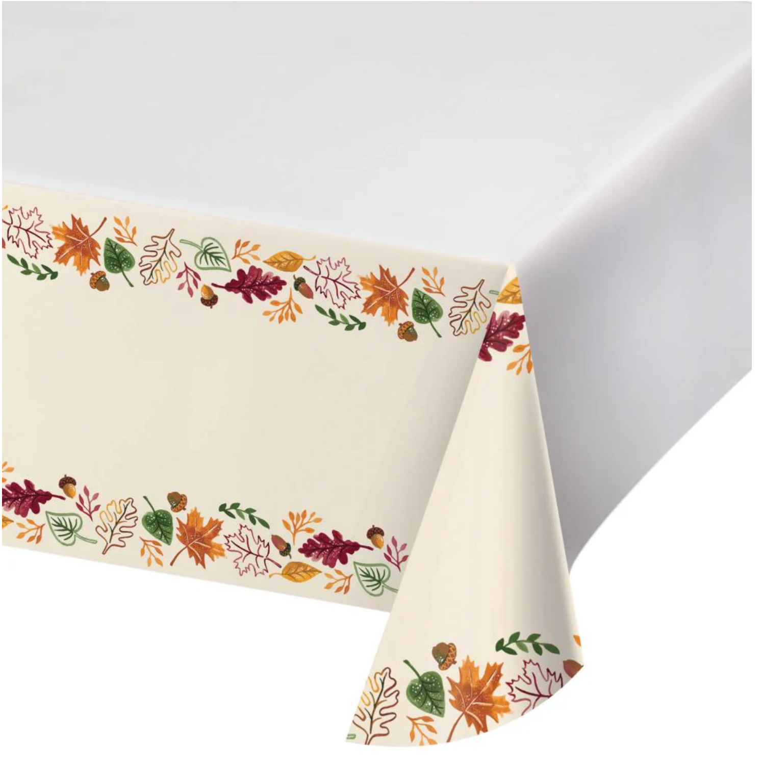 Cream paper tablecover with colorful fall leaves and acorns border print.