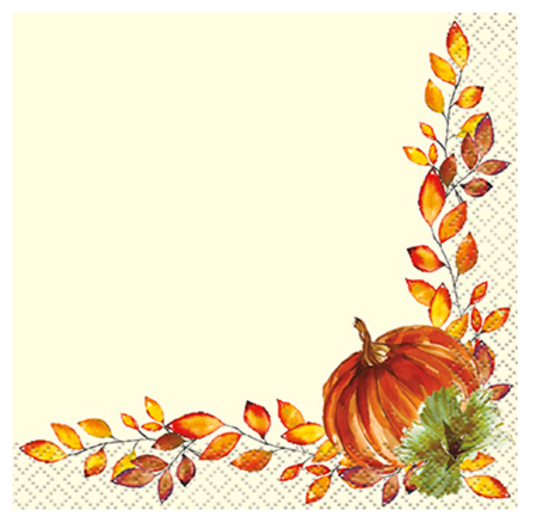 Square beige napkin with watercolor orange pumpkin and autumn leaves in corner.