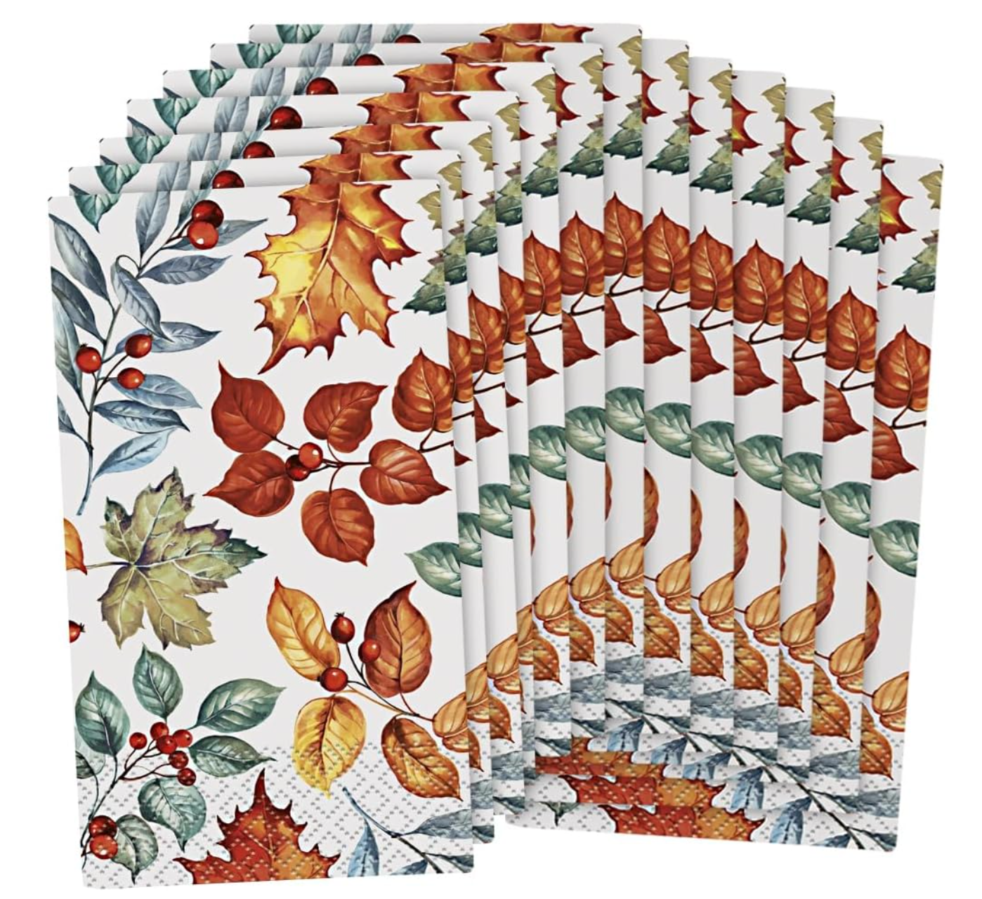 Set of 16 white paper napkins featuring colorful autumn leaves and berries in orange, red, green, and brown tones.