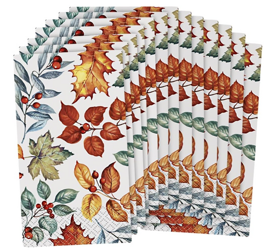 Set of 16 white paper napkins featuring colorful autumn leaves and berries in orange, red, green, and brown tones.