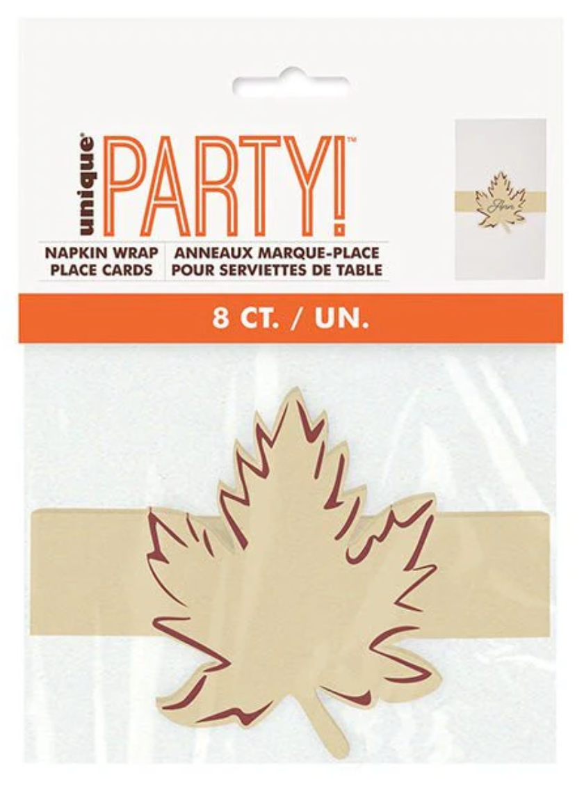 Beige napkin wrap with a brown outlined maple leaf cutout for place cards, 8 count.