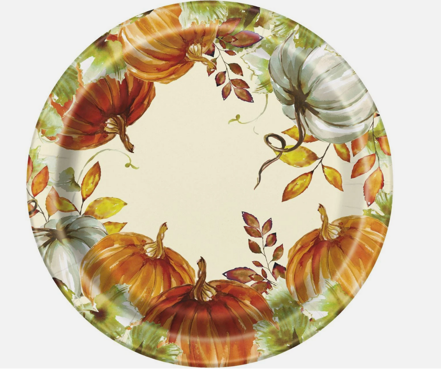 Round paper plate with watercolor-style orange and white pumpkins, green leaves, and fall branches on a cream background.