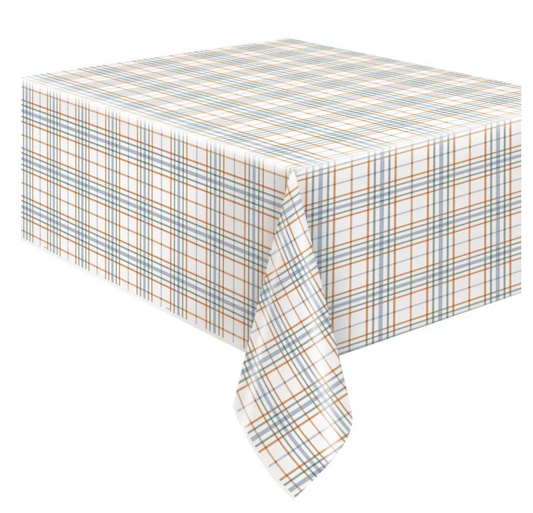 Rectangular plastic tablecover with white background and orange, blue, and green plaid pattern, 54x84 inches.