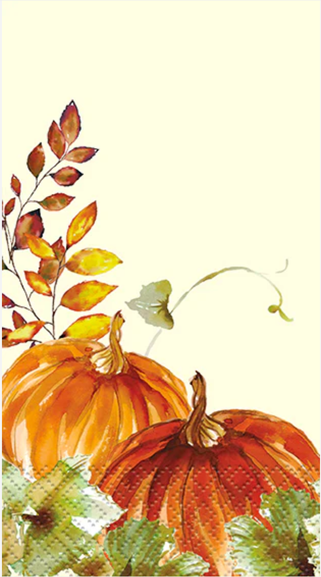 Thanksgiving guest napkin with watercolor orange pumpkins and autumn leaves on cream background.