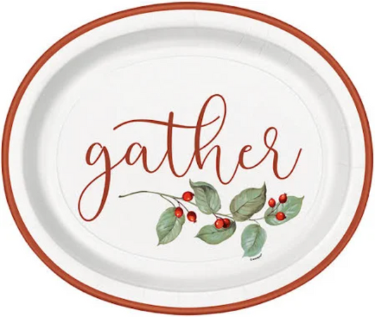 12-inch oval white plate with burnt orange rim, "gather" script and green leaves with red berries design.